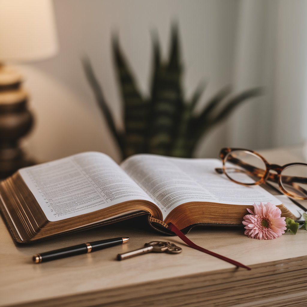 An open Bible rests on a wooden surface, accompanied by a pink flower, a pair of tortoiseshell glasses, a pen, and an antique key. The soft lighting and blurred background, featuring a plant and a lamp, create a serene and reflective atmosphere.