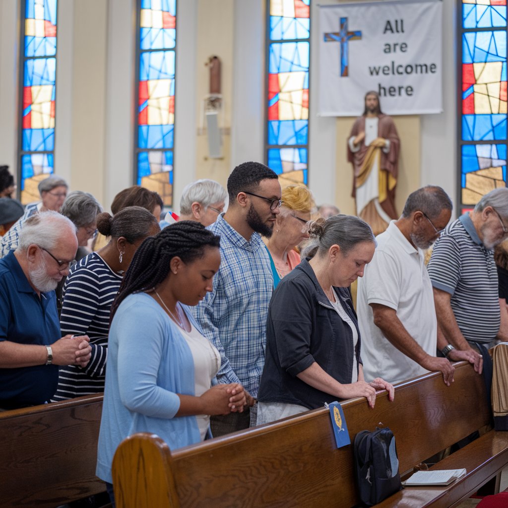 A diverse group of people standing and praying inside a church, with colorful stained glass windows in the background. A banner reading "All are welcome here" and a statue of Jesus are visible, emphasizing a welcoming and inclusive atmosphere.