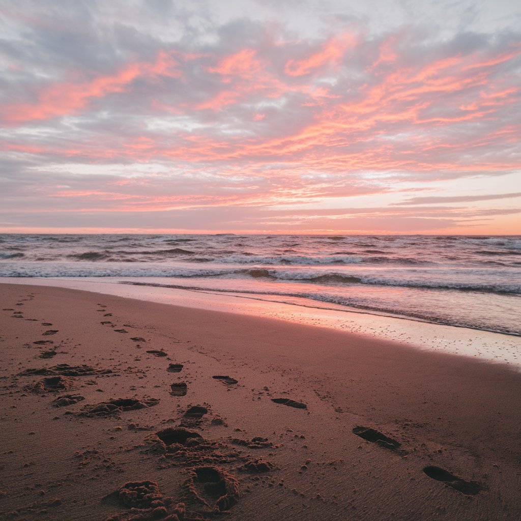 A serene beach at sunset with footprints in the sand leading towards gentle ocean waves. The sky is painted in soft hues of pink, orange, and purple, reflecting off the water's surface.