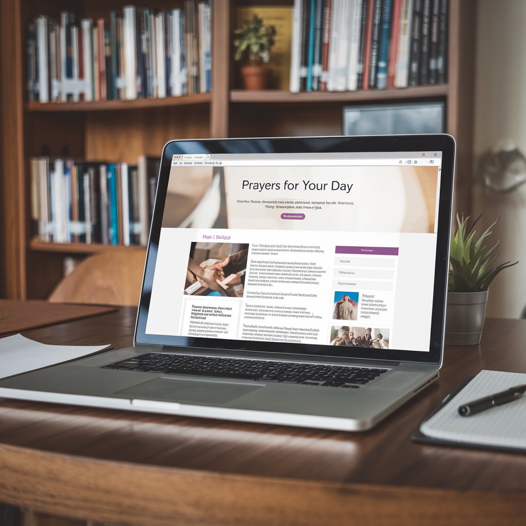 A laptop displaying a webpage titled "Prayers for Your Day" on a wooden desk with a notepad, pen, and potted plant nearby. The screen shows sections for blog articles, contact information, and prayer resources, with a bookshelf in the background adding a warm, study-like atmosphere.