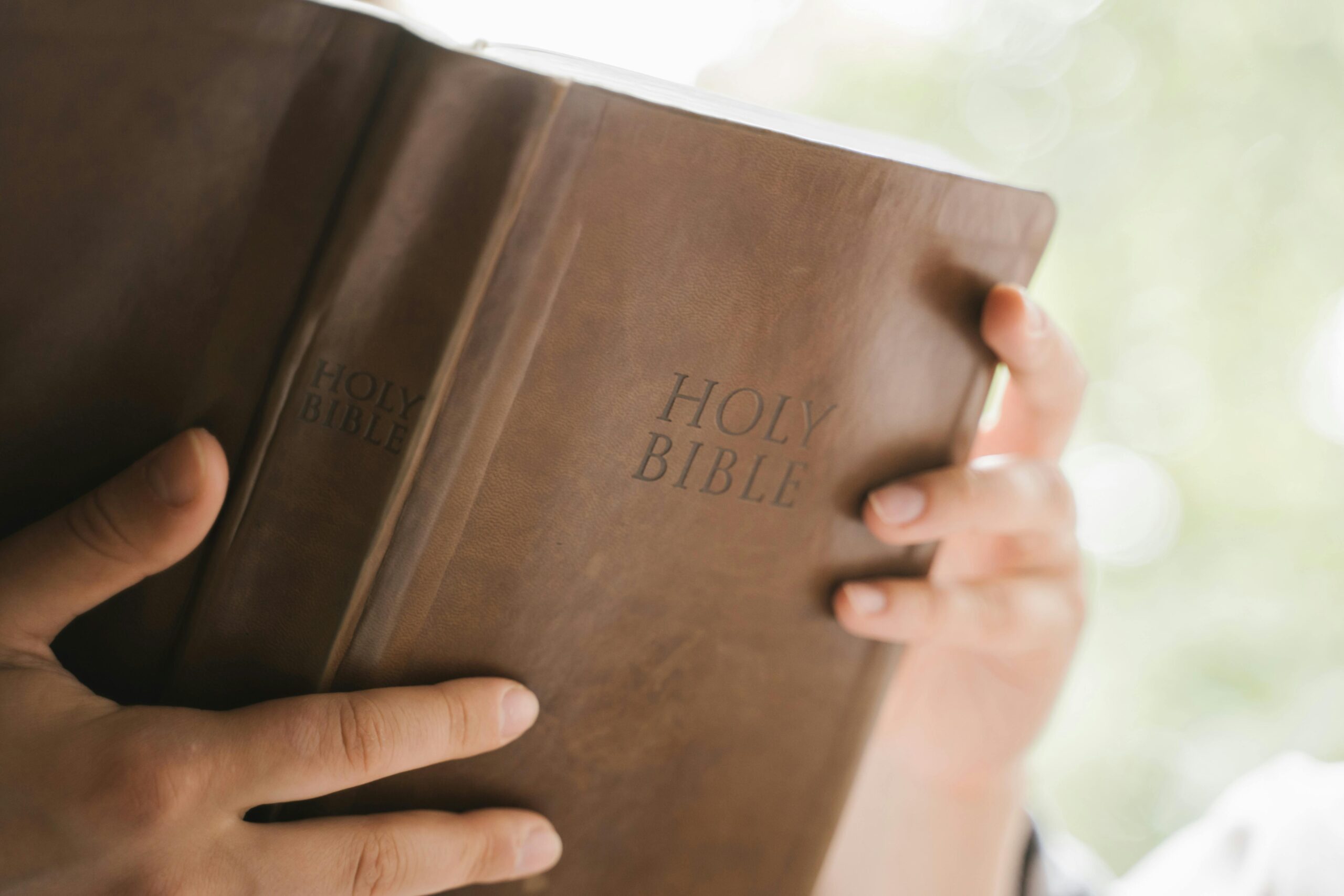 Close-up of hands holding a brown leather-bound Holy Bible with the title embossed on the cover. The background is softly blurred, featuring natural light and greenery, evoking a serene and contemplative mood.