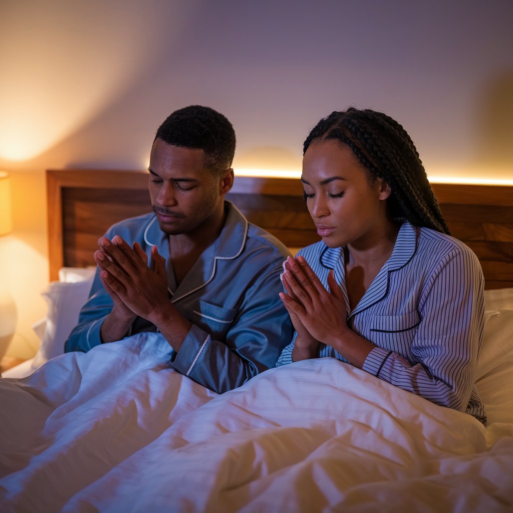 A couple sitting in bed with hands clasped in prayer, their eyes closed in a moment of reflection. The softly lit room and cozy bedding create a calm and intimate atmosphere, emphasizing their shared bedtime devotion.