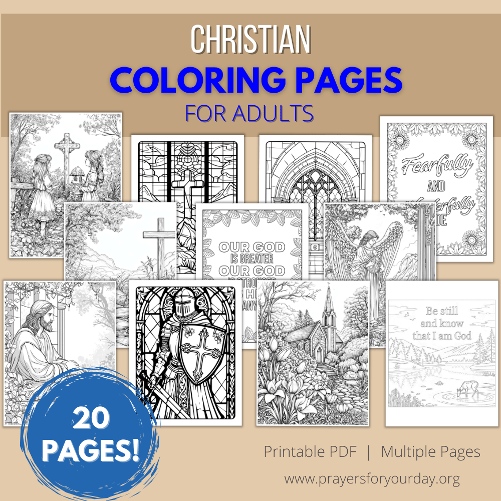 Promotional image for 'Christian Coloring Pages for Adults,' showcasing a collection of intricate black-and-white designs featuring religious themes such as crosses, Bible verses, angels, and stained glass windows. The text highlights '20 Pages!' and mentions 'Printable PDF | Multiple Pages' with the website 'www.prayersforyourday.org' on a beige background.