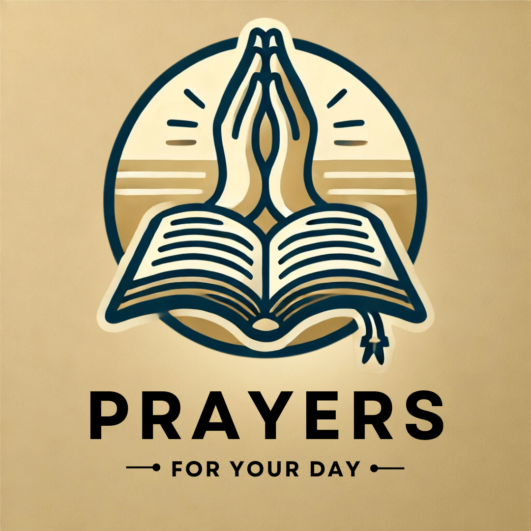 Logo for 'Prayers for Your Day' featuring an illustration of an open book with hands clasped in prayer above it, surrounded by rays of light. The design is set against a beige background with the text 'PRAYERS FOR YOUR DAY' in bold lettering below.