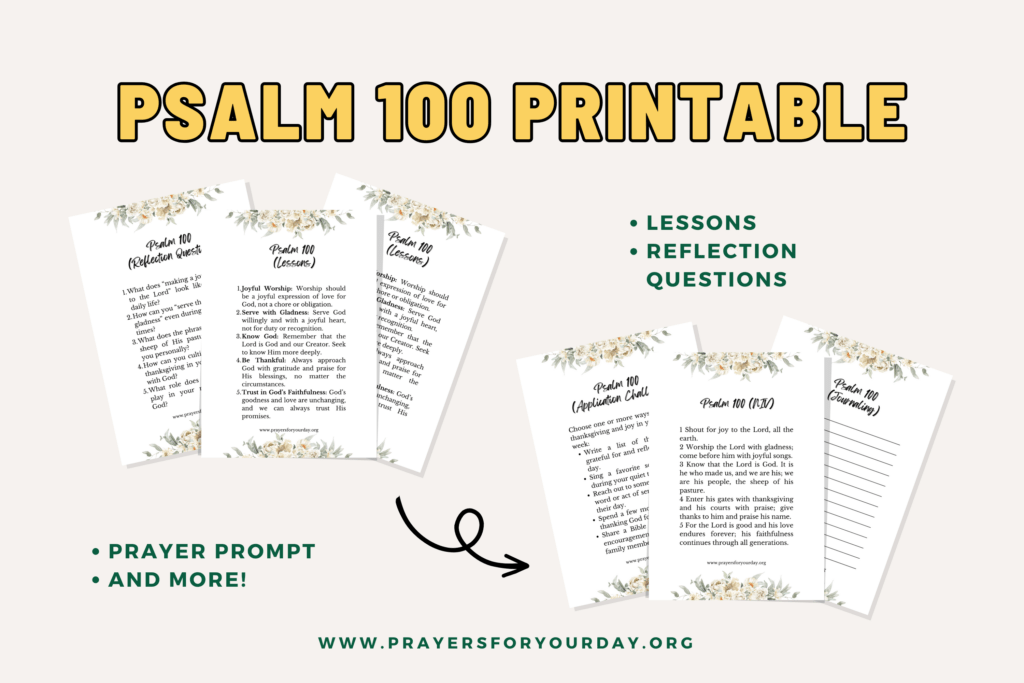 Promotional graphic for a free 'Psalm 100 Printable' featuring multiple pages with lessons, reflection questions, and application challenges, each decorated with floral accents. The design highlights features such as a prayer prompt and more, with the website 'www.prayersforyourday.org' prominently displayed. The text emphasizes the resource's focus on engaging with Psalm 100 in a meaningful way.