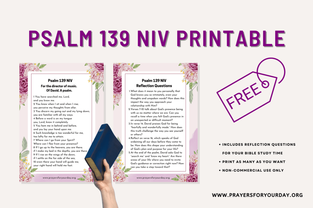 Promotional graphic for a free 'Psalm 139 NIV Printable' featuring two pages with the Psalm text and reflection questions, adorned with floral borders. A hand holding a blue Bible is included for emphasis, alongside a bold 'FREE' tag. The bottom text highlights features such as printable format, and non-commercial use, with the website 'www.prayersforyourday.org'.