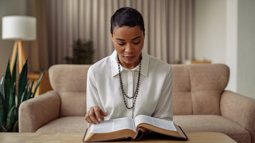 A woman sits on a beige couch in a cozy living room, reading an open Bible on the table in front of her. She wears a white blouse and a long beaded necklace, focusing intently on the text.